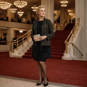 🆕Alfani Prima  Luxe metallic gold/black knit w/faux fur btm panel cardigan ✨